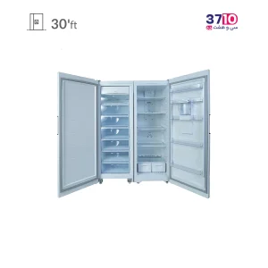 یخچال فریزر دوقلو پارس PARS مدل نوفراست بوران پلاس با ابسردکن نقره ای عکس با درب باز